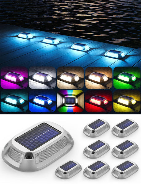 8Pack Aluminum Alloy Solar Driveway Lights, IP68 Solar Deck Light Marine Dock Lights Outdoor Waterproof, Multi-Color LED Driveway Markers for Walkway, Path Decor [12Modes - Strobe/RGB/Fix-Color]