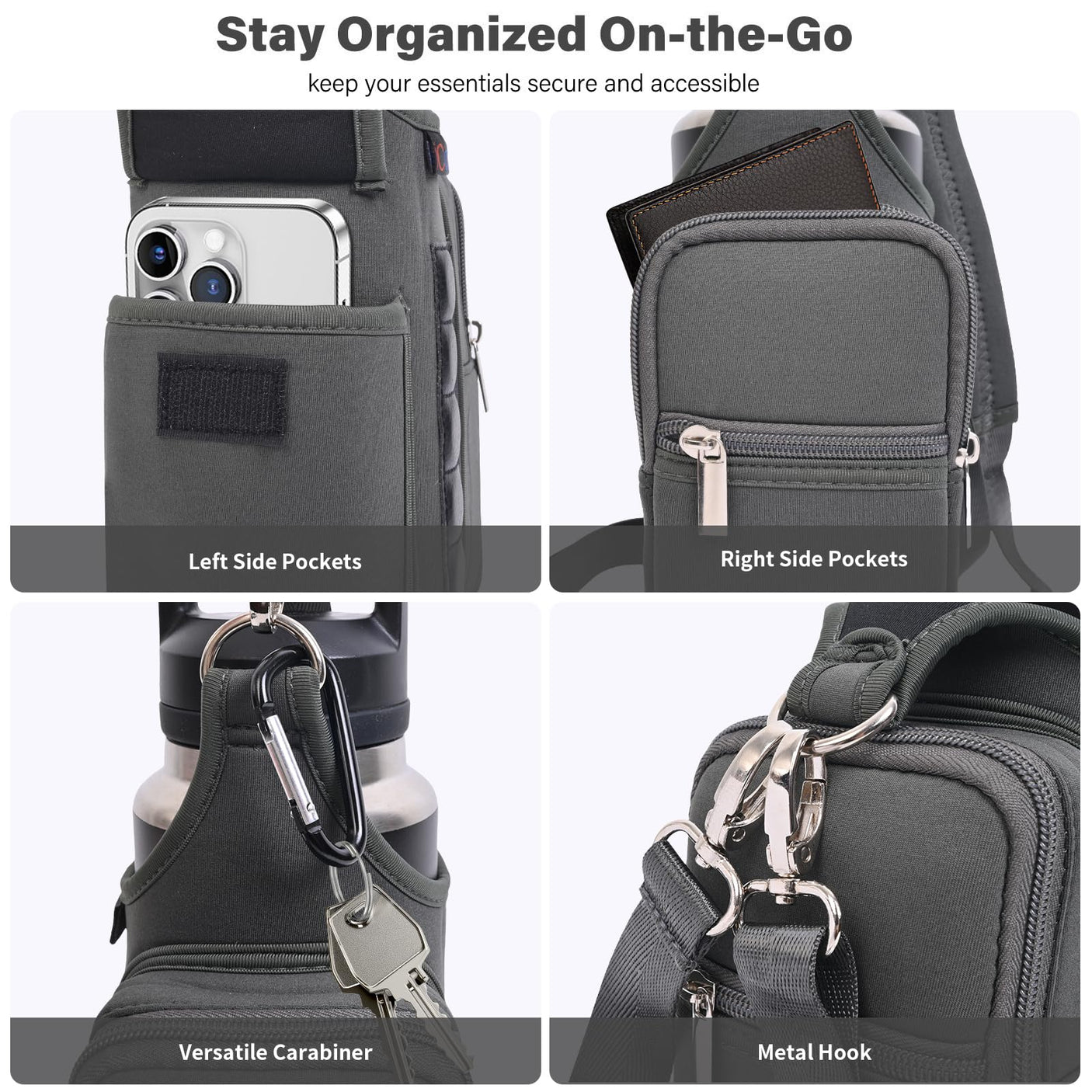 icolor Magnetic Gym Bag Water Bottle Carrier Holder with Phone Pockets & Shoulder Strap,5 Built-in Magnets Gym Bottle Pouch Sleeve,Magnetic Bag Gym Accessories Organizer for Men Women