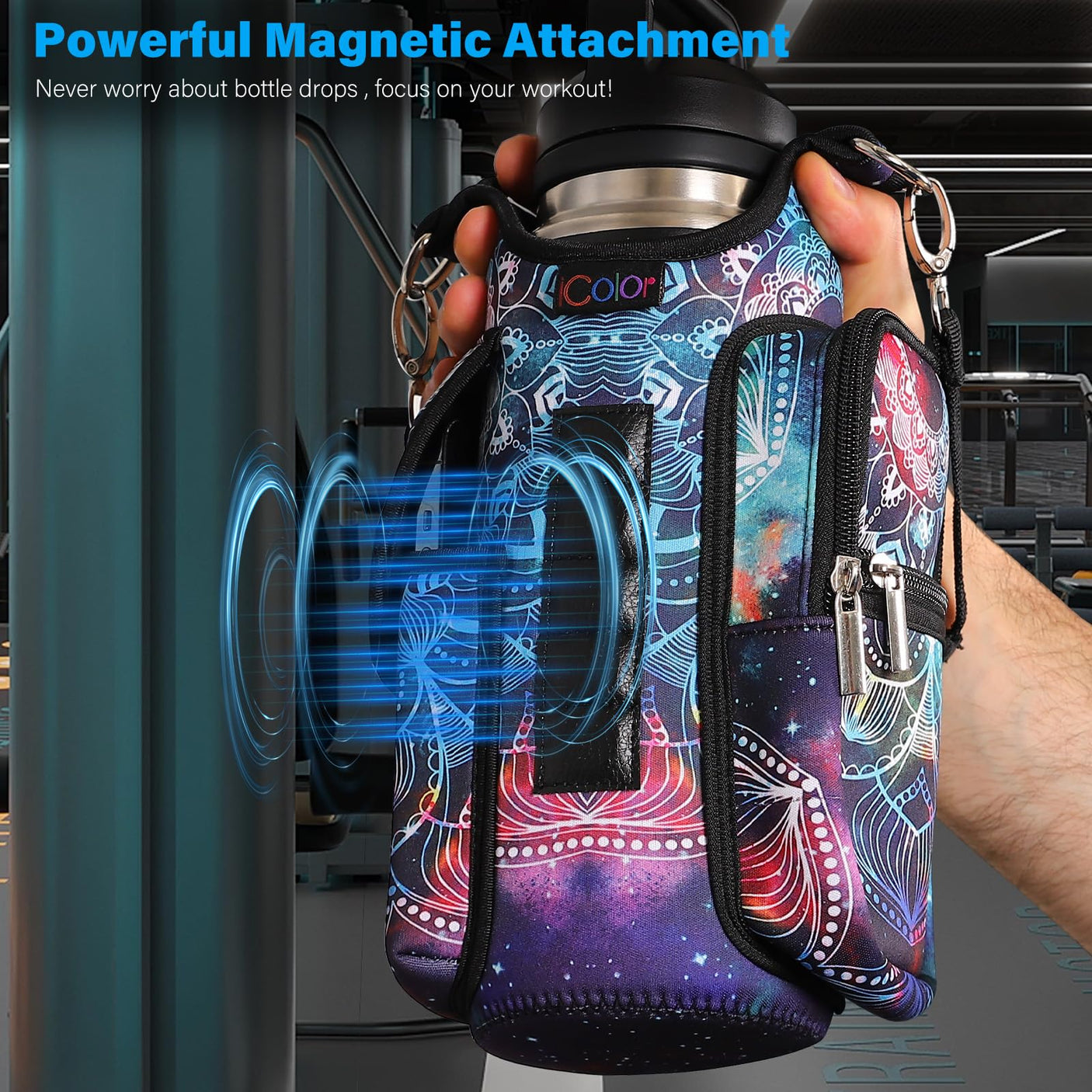icolor Magnetic Gym Bag Water Bottle Carrier Holder with Phone Pockets & Shoulder Strap,5 Built-in Magnets Gym Bottle Pouch Sleeve,Magnetic Bag Gym Accessories Organizer for Men Women