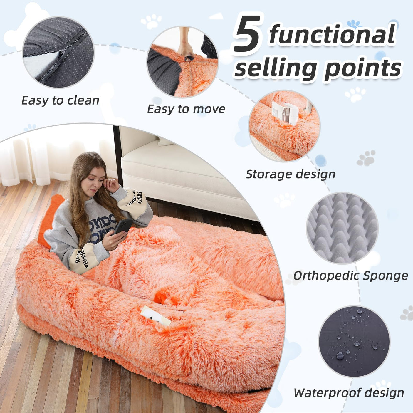 Human Dog Bed, Large Dog Beds for Humans Size Fits You and Pets, Washable Faux Fur Orthopedic Human Pet Bed for People Doze Off, Napping, Present Pillow, Blanket, Strap - Khaki