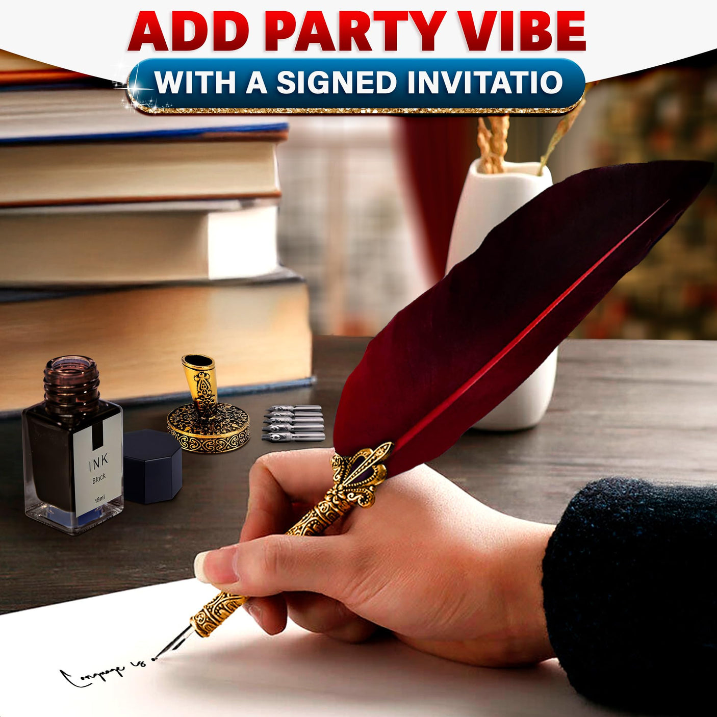 Lagarto Secure Counter Pens - 11.4" Stainless Steel Red Antique Feather Quill Pen and Ink Set with Nib for Calligraphy Practice, Drawing & Signatures - Security Pens for Beginners and Enthusiast