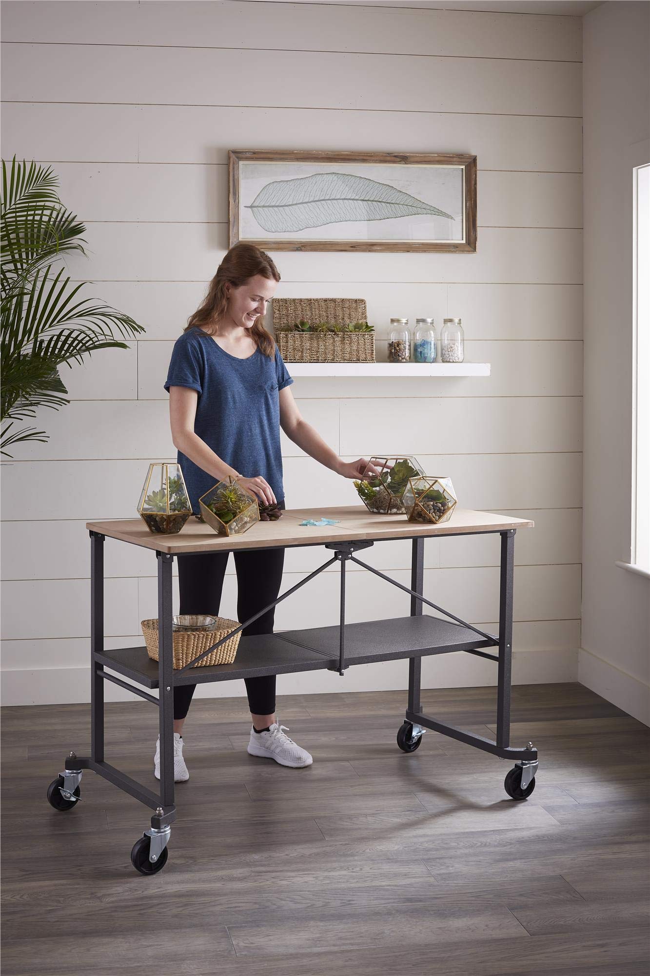 COSCO SmartFold Butcher Block Portable Workbench / Folding Utility Table (Hardwood Top, 700LB Total Weight Capacity, Locking Casters, Gray Steel Frame, 1 Pack)