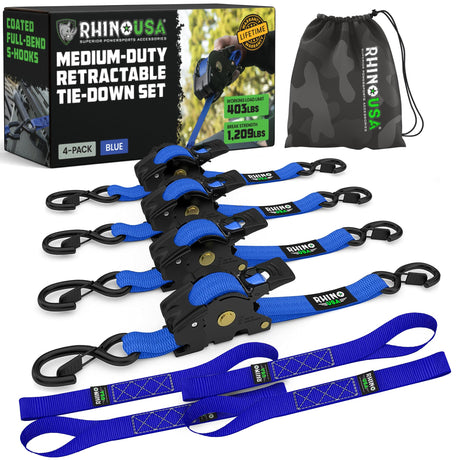 Rhino USA Retractable Ratchet Straps (4-Pack) - 1 Inch x 10 Feet (1,209lb Break Strength) - Heavy Duty Auto Self Retracting Tie Down Straps for Truck, Cargo Trailer, Motorcycle, Rad & More - Green