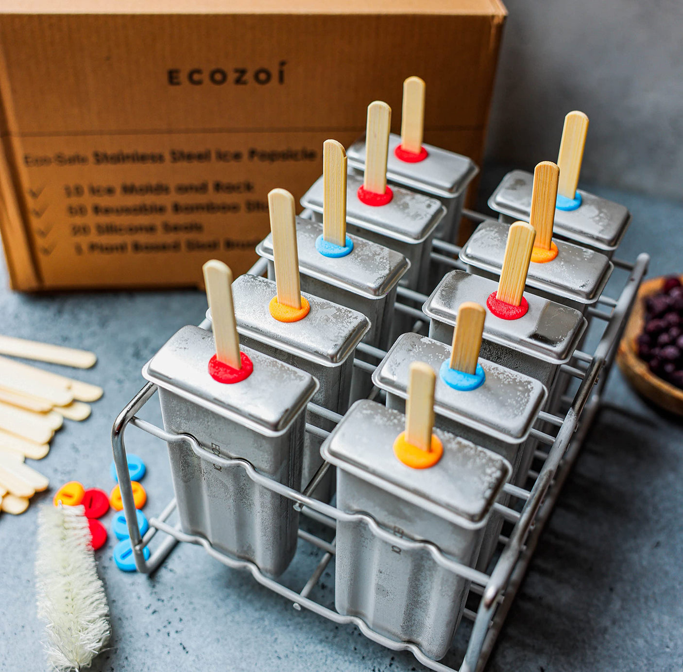 Stainless Steel Popsicle Molds and Rack - 10 Square Ice Pop Makers + 50 Reusable Bamboo Sticks + 20 Silicone Seals + 1 Cleaning Brush + 1 Rack