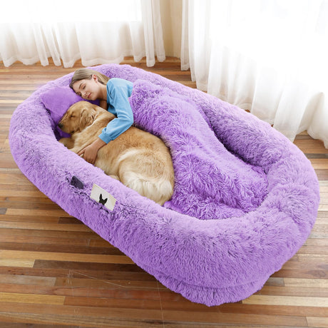 Human Dog Bed, Large Dog Beds for Humans Size Fits You and Pets, Washable Faux Fur Orthopedic Human Pet Bed for People Doze Off, Napping, Present Pillow, Blanket, Strap - Khaki