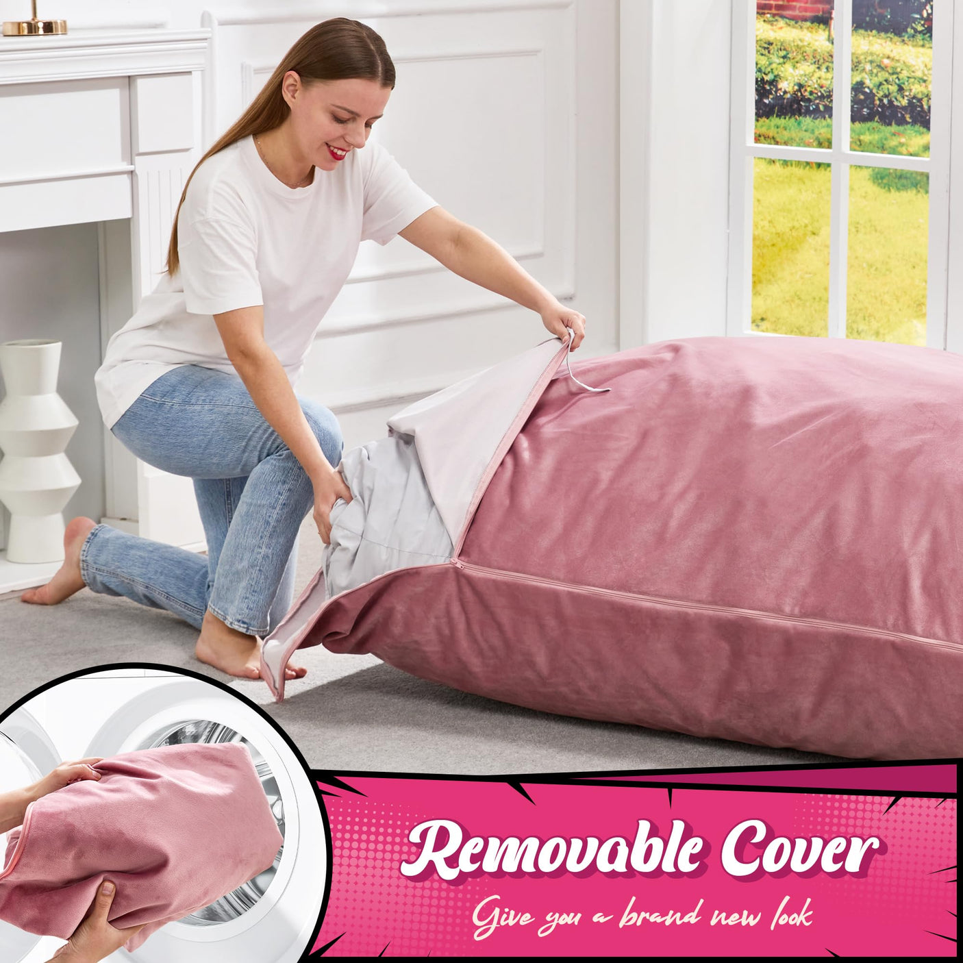 Hobestluk 3 in 1 Bean Bag Chair Giant Bean Bag Chairs Convertible Bean Bag Floor Cushion with Machine Washable Cover, Beanbag Chairs for Adult (Dark Grey)