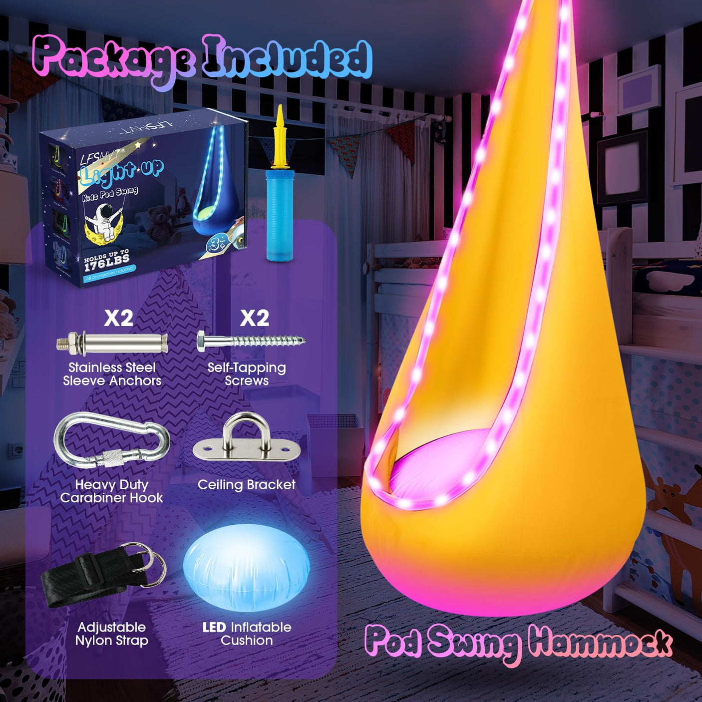 Light Up Kids Pod Swing Seat, Upgraded Kids Hanging Hammock Swing with LED Lights, Cotton Sensory Pod Swing Chair with Inflatable Pillow, Pod Swing for Kids Indoor & Outdoor (1 PCS) (Blue)