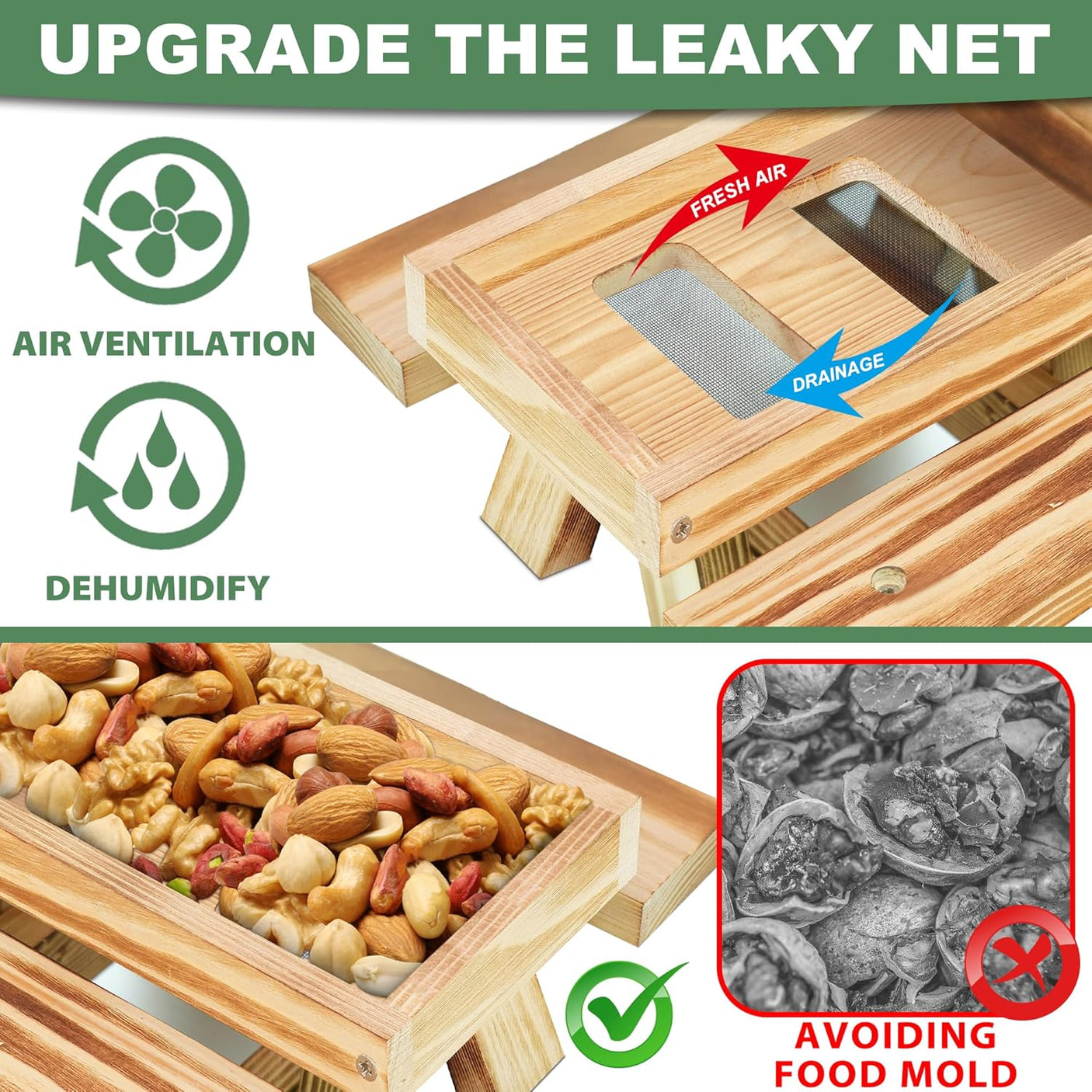 Carbonized Wood Squirrel Feeder with Umbrella, Squirrel Feeders for Outside Funny squrrill Picnic Table with Solid Structure Waterproof Chipmunk Feeder with Corn Cob Holder