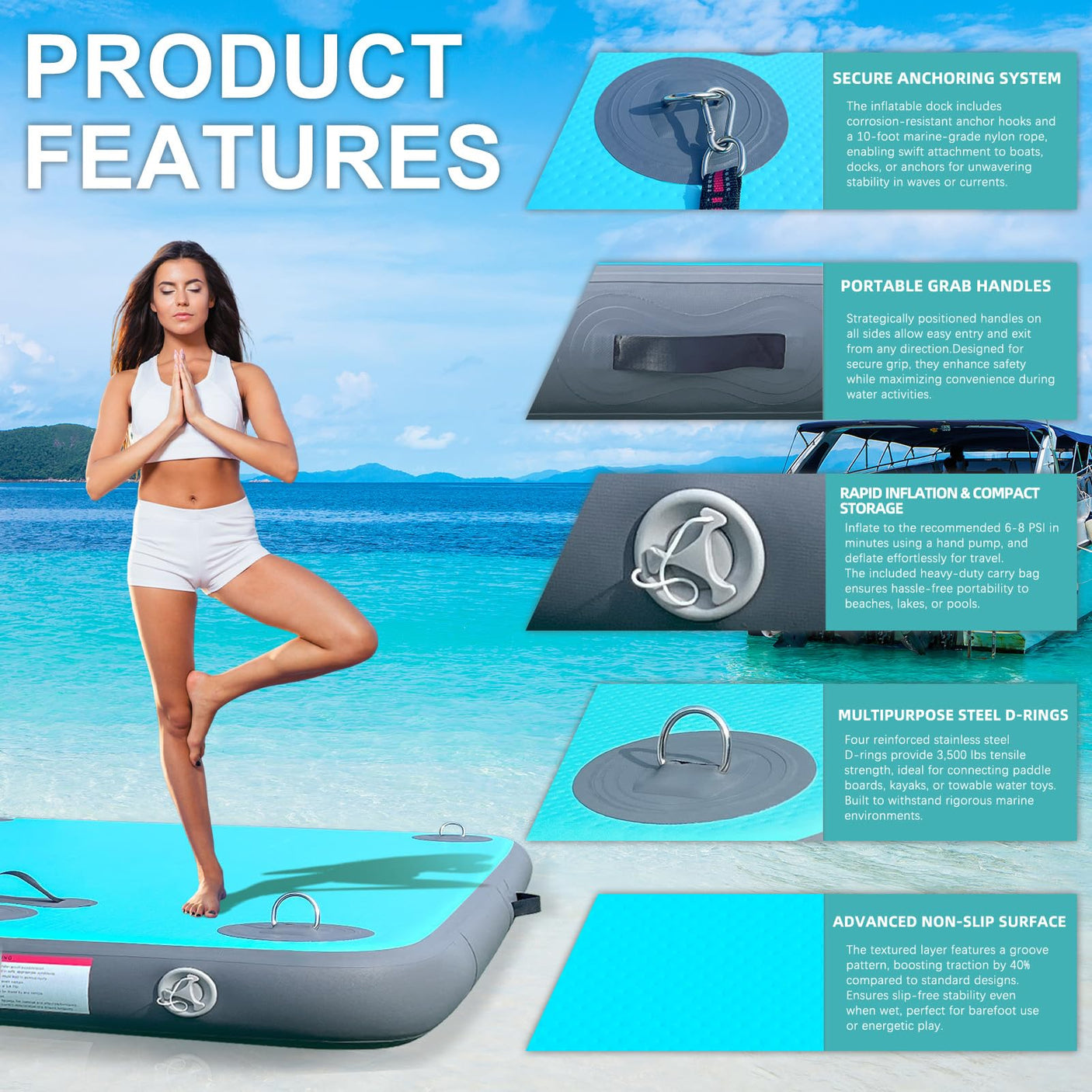 AWSUM Inflatable Floating Dock Air Dock Platform Floating Island Raft with None-Slip Surface for Pool Beach Ocean