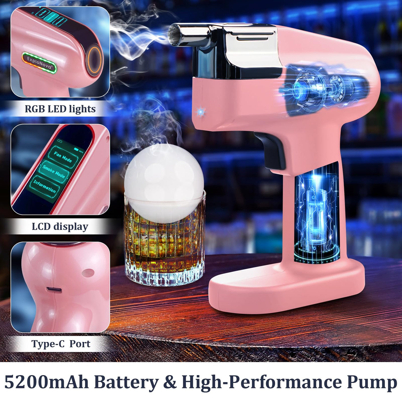 Cocktail Bubble Smoke Gun with 5 Flavour Aroma Pods and Edible Bubbles, Electric Bubble Smoke Machine, Food Drink Decor Perfect for Bar, Party and Home, Gift for Engagement & Birthday