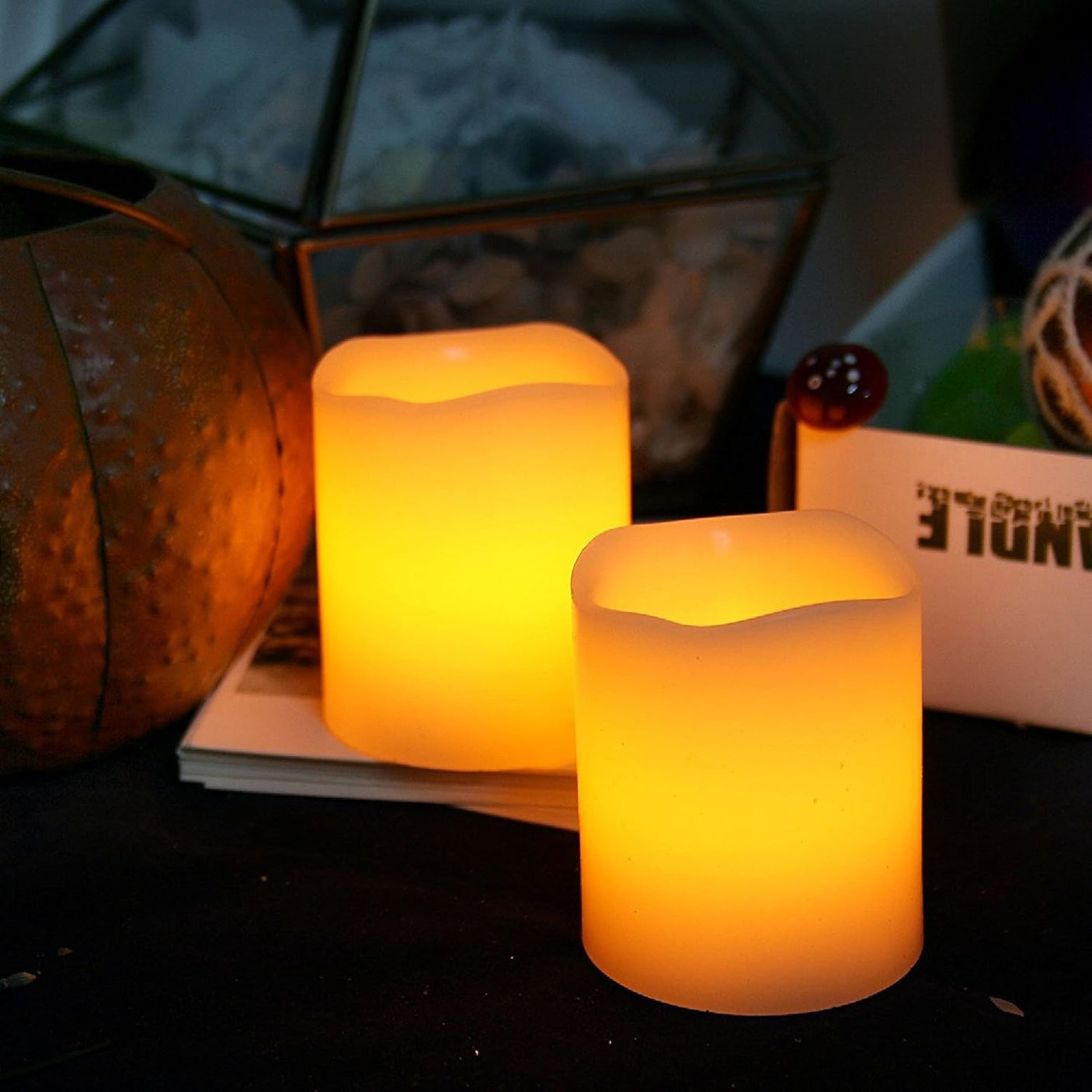 Set of 2 Magic Candles, Blow Them Out Like a Real Candle, or Shake Them to Turn on/Off, Battery Operated Candles, uses 2 AAA Batteries, 3” Dia x 4” Height