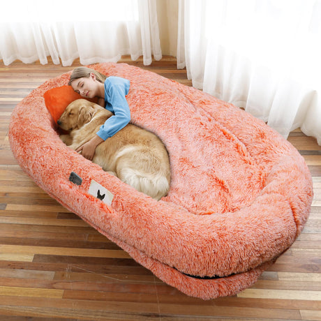 Human Dog Bed, Large Dog Beds for Humans Size Fits You and Pets, Washable Faux Fur Orthopedic Human Pet Bed for People Doze Off, Napping, Present Pillow, Blanket, Strap - Khaki