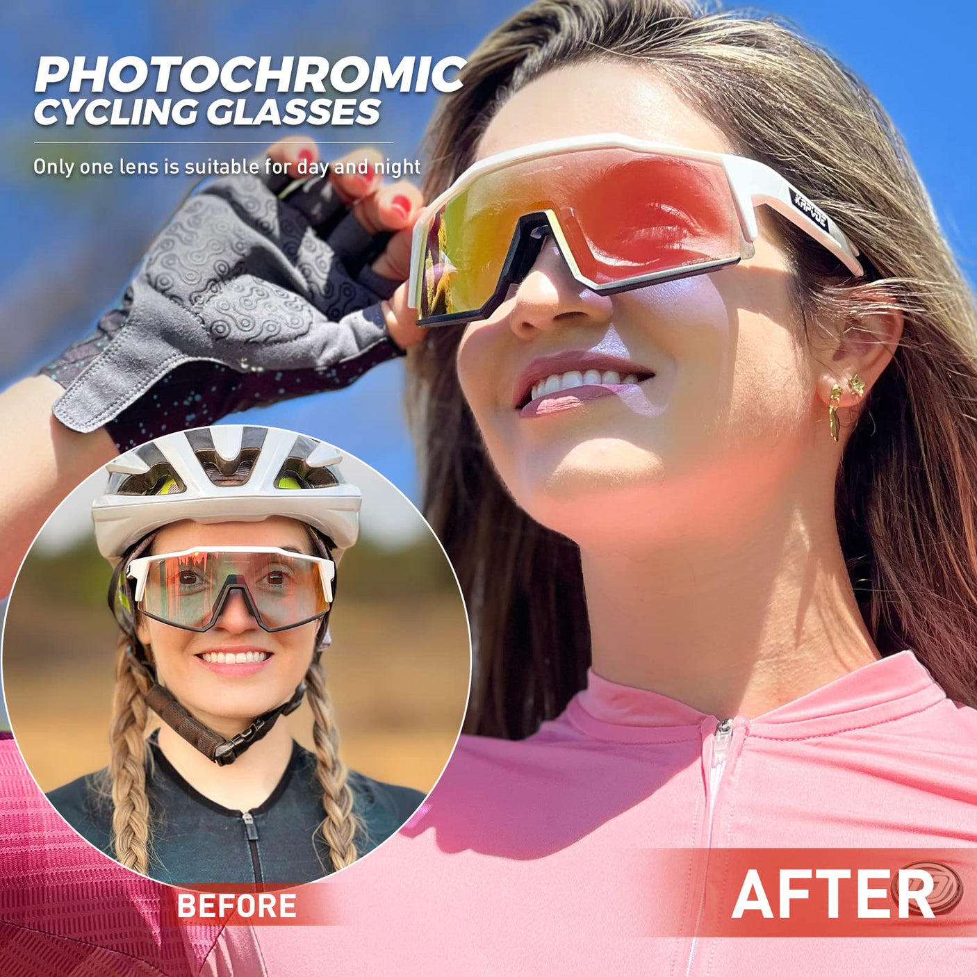 KAPVOE Photochromic Cycling Glasses MTB Clear Mountain Bike Transition Bicycle Sunglasses for Men Women - K9022