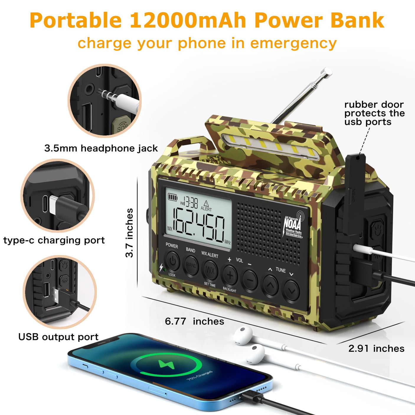 NOAA Weather Radio, Emergency Hand Crank Radio with Solar Charger, Portable Battery Operated AM FM Shortwave Radio with LED Flashlight, USB Charger, Earbud Jack, SOS Alert for Home Survival Hurricane