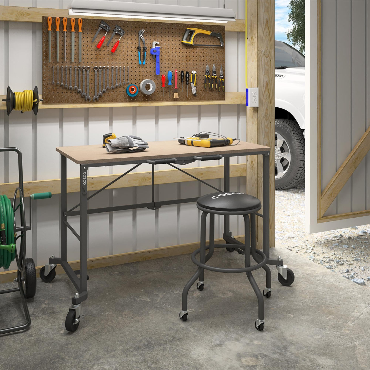 COSCO SmartFold Butcher Block Portable Workbench / Folding Utility Table (Hardwood Top, 700LB Total Weight Capacity, Locking Casters, Gray Steel Frame, 1 Pack)