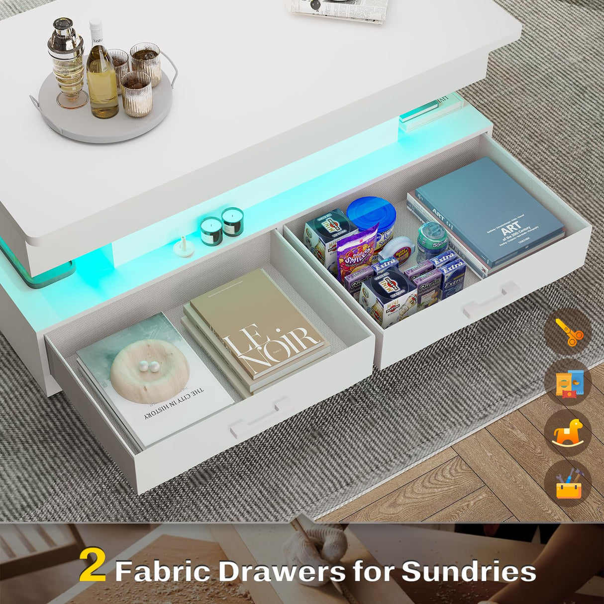 SEDETA 40" Lift Top Coffee Table, Coffee Tables with Storage for Living Room, Small Coffee Table with 2 Fabric Drawers & LED Light for Dining Reception Room, Black