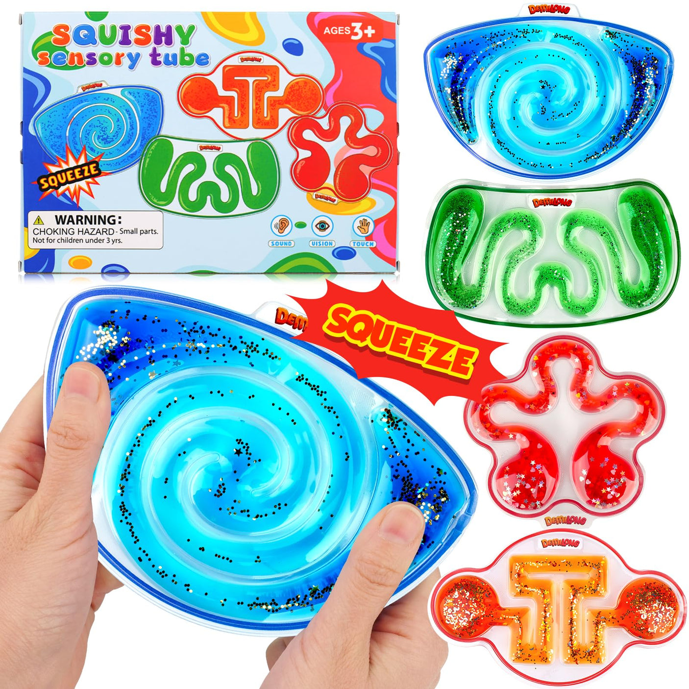 Squishy Sensory Toys for Kids - 4 Pack Fidget Toy Sensory Maze for Autism - Stress Relief Toys for Calm Down - Squeeze Fidget Toy Filled Goo, Glitter, Prizes for Kids Classroom,Classroom Must Haves