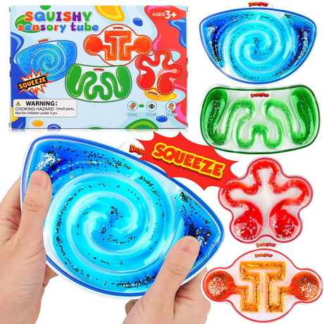 Squishy Sensory Toys for Kids - 4 Pack Fidget Toy Sensory Maze for Autism - Stress Relief Toys for Calm Down - Squeeze Fidget Toy Filled Goo, Glitter, Prizes for Kids Classroom,Classroom Must Haves