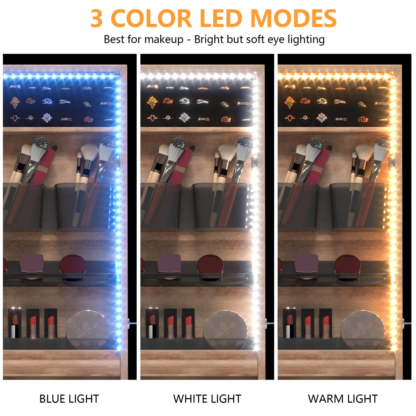 LVSOMT Wall/Door Hanging Mirror with Jewelry Storage, Lockable Jewelry Armoire Organizer with LED Lights, Mirror Jewelry Cabinet,Brown