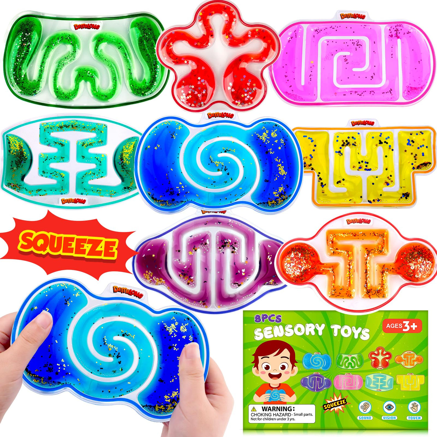Squishy Sensory Toys for Kids - 4 Pack Fidget Toy Sensory Maze for Autism - Stress Relief Toys for Calm Down - Squeeze Fidget Toy Filled Goo, Glitter, Prizes for Kids Classroom,Classroom Must Haves