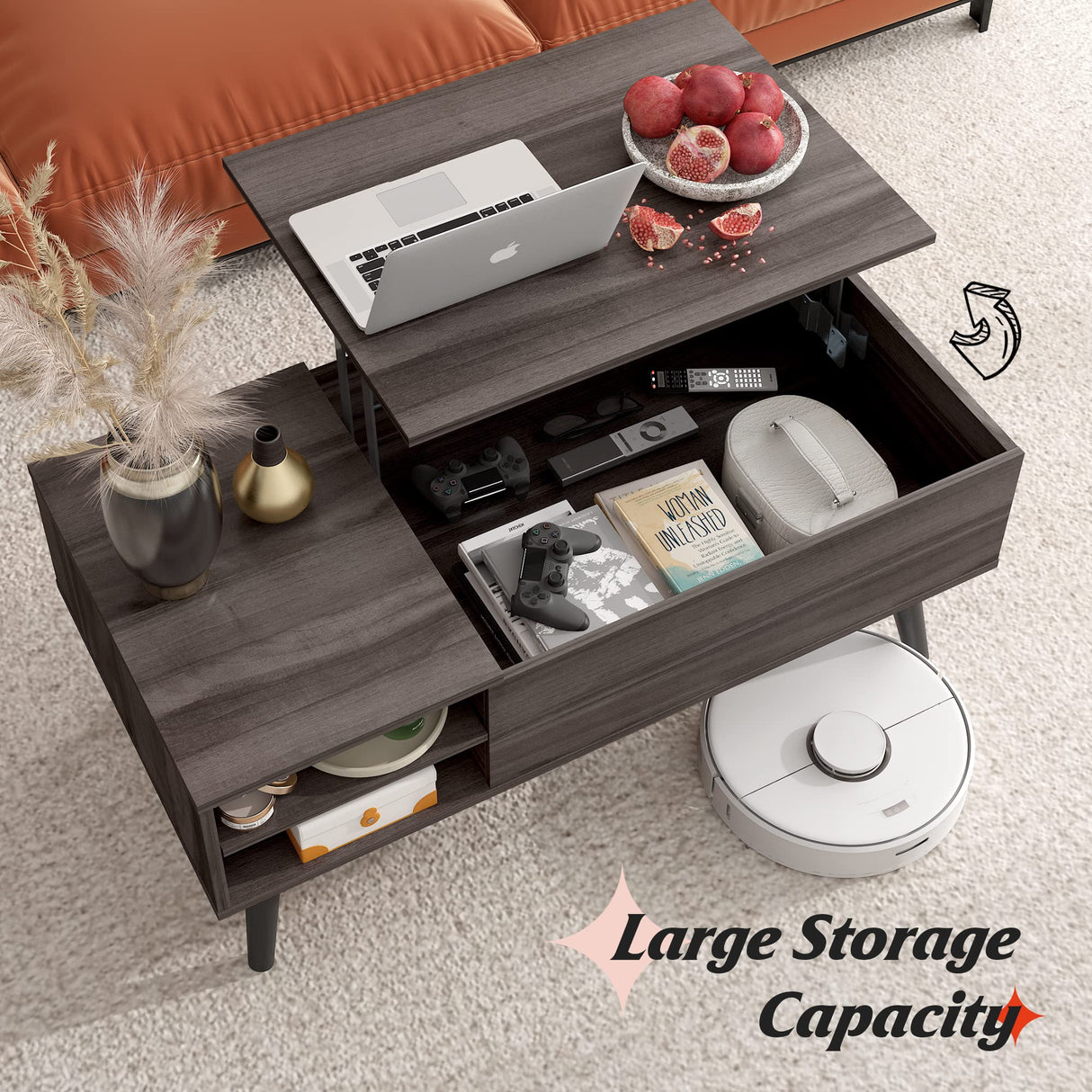 WLIVE Wood Lift Top Coffee Table with Hidden Compartment and Adjustable Storage Shelf, Lift Tabletop Dining Table for Home Living Room, Office, Rustic Oak