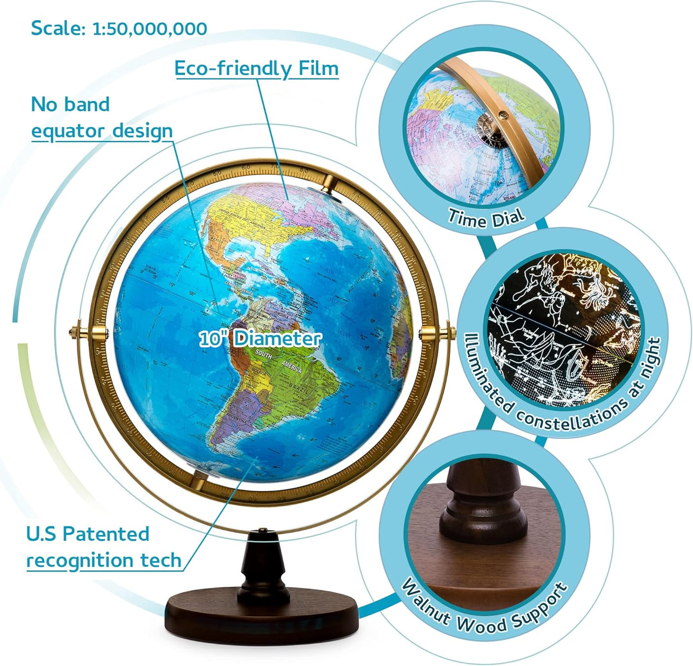 with Interactive APP & LED Illuminated Constellations at Night, US-Patented STEM education 10" World Globe with Detailed map