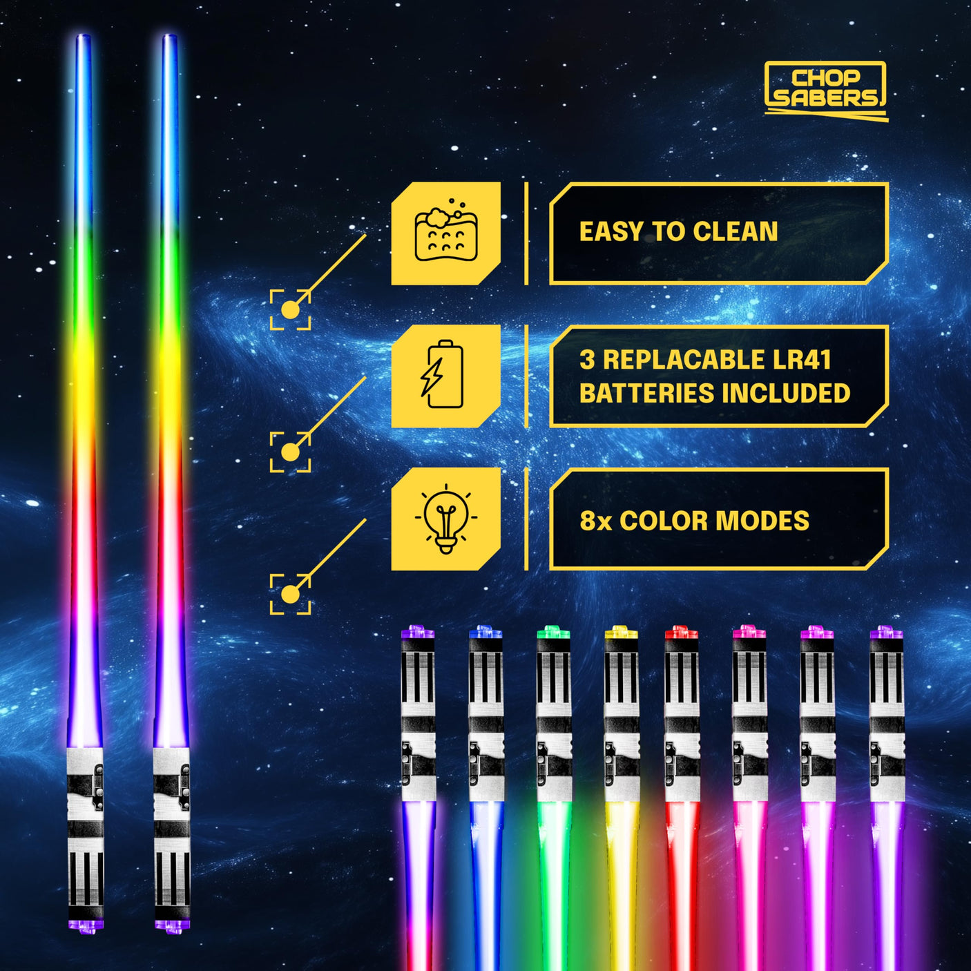 LIGHTSABER CHOPSTICKS LIGHT UP STAR WARS LED Glowing Light Saber Chop Sticks REUSABLE Sushi Lightup Sabers Bright LEDs - 8 Color Modes - 2 Pairs