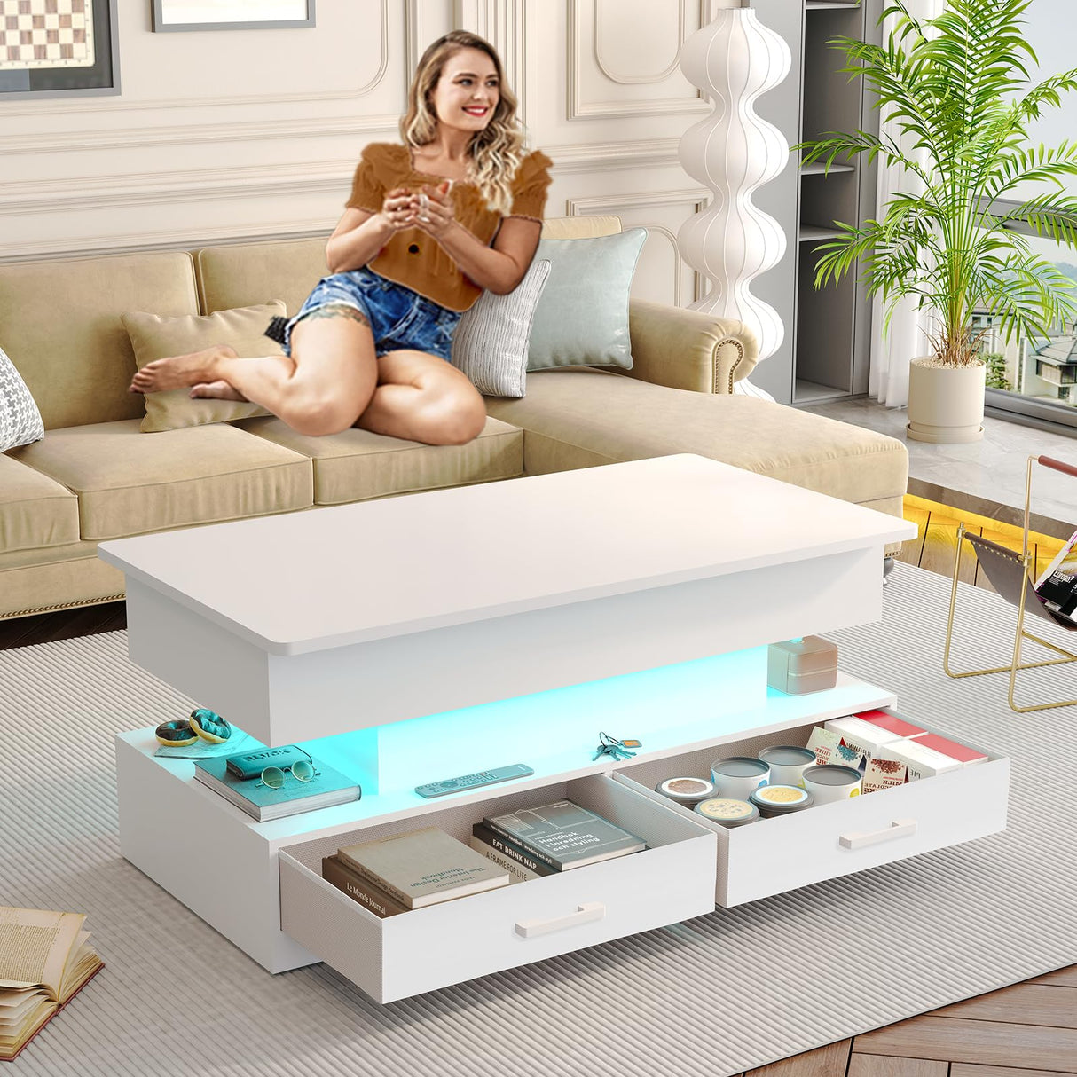 SEDETA 40" Lift Top Coffee Table, Coffee Tables with Storage for Living Room, Small Coffee Table with 2 Fabric Drawers & LED Light for Dining Reception Room, Black