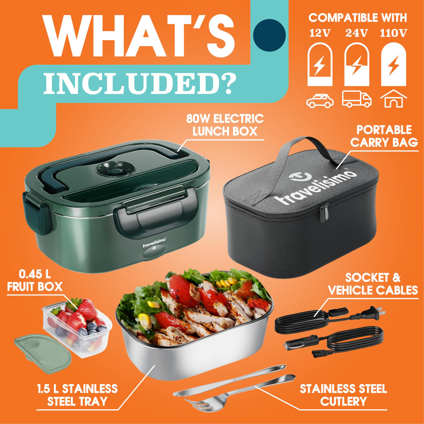 TRAVELISIMO Electric Lunch Box for Adults 80W Heated Lunch Box For Men 1.5L Stainless Steel Portable Food Warmer, 12/24/110V Electric Food Warmers for Travel & Work, Loncheras Para Hombres de Trabajo