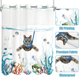 Fowocu Funny Cat Shower Curtain Set Teal Blue Sea Ocean Waterproof Fabric Shower Curtains with Animal Octopus Starfish Turtle Anchor Fish Nautical Bathroom Decor (Blue, 72''×72'')