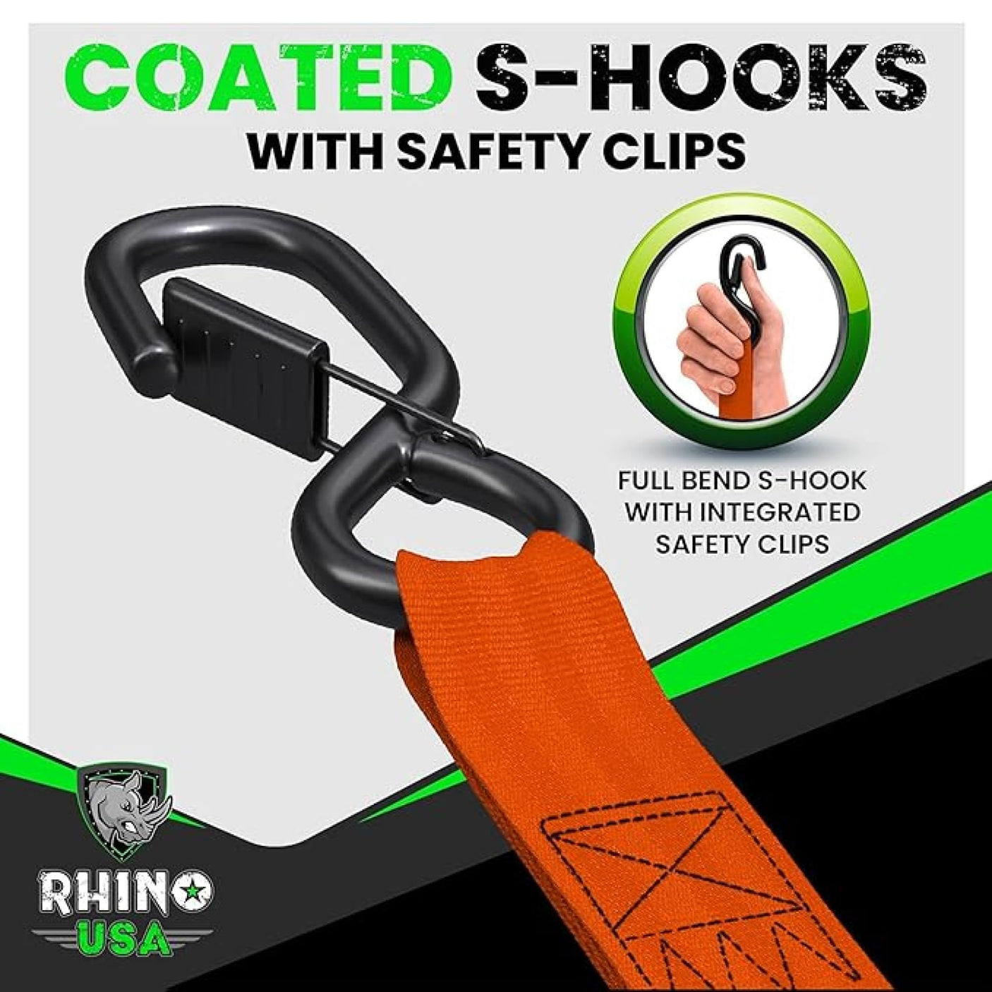 Rhino USA Retractable Ratchet Straps (4-Pack) - 1 Inch x 10 Feet (1,209lb Break Strength) - Heavy Duty Auto Self Retracting Tie Down Straps for Truck, Cargo Trailer, Motorcycle, Rad & More - Green