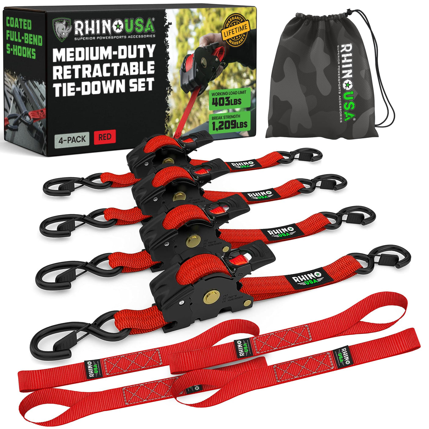 Rhino USA Retractable Ratchet Straps (4-Pack) - 1 Inch x 10 Feet (1,209lb Break Strength) - Heavy Duty Auto Self Retracting Tie Down Straps for Truck, Cargo Trailer, Motorcycle, Rad & More - Green