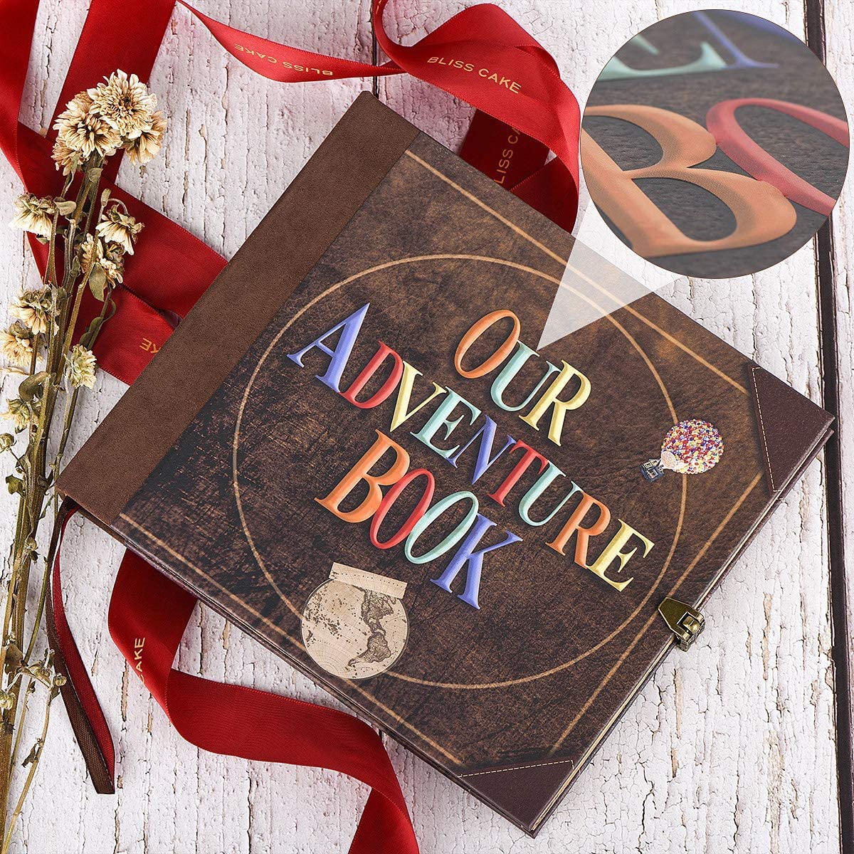 Scrapbook Photo Album,Our Adventure Book, Embossed Words Hard Cover Movie Up Travel Scrapbook for Anniversary, Wedding, Travelling, Baby Shower, etc (Adventure Book)