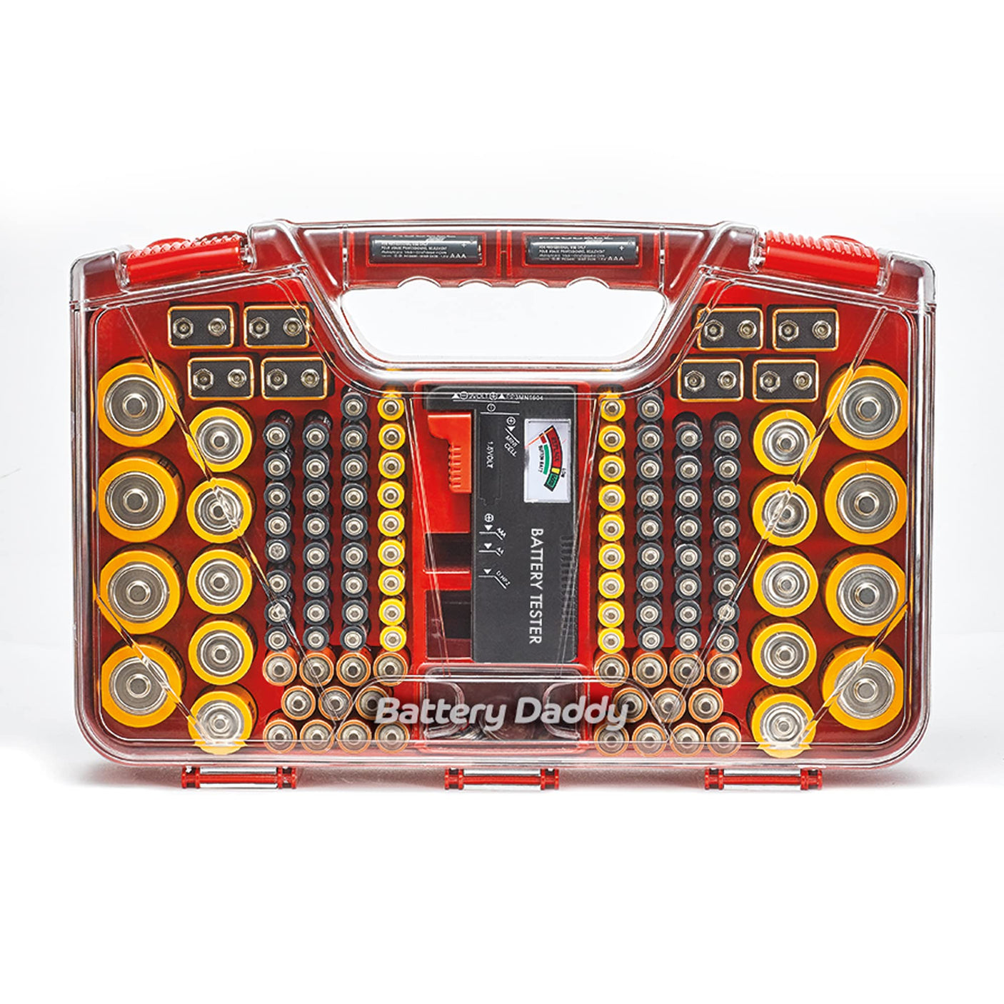 Ontel Battery Daddy Storage & Organizer Case with Tester, Stores & Protects Up to 180 Batteries, Double-Sided, Durable Design W/Clear Locking Lid, Secure Latches & Portable Carrying Handle- Warm Grey