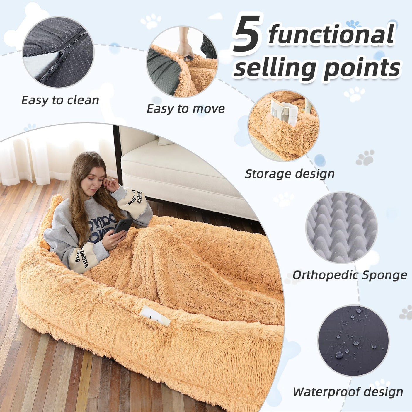 Human Dog Bed, Large Dog Beds for Humans Size Fits You and Pets, Washable Faux Fur Orthopedic Human Pet Bed for People Doze Off, Napping, Present Pillow, Blanket, Strap - Khaki