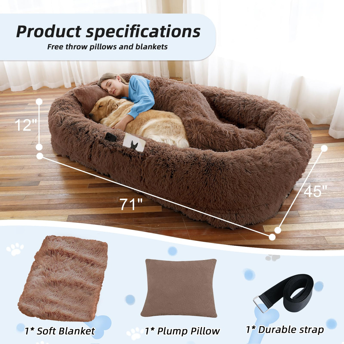 Human Dog Bed, Large Dog Beds for Humans Size Fits You and Pets, Washable Faux Fur Orthopedic Human Pet Bed for People Doze Off, Napping, Present Pillow, Blanket, Strap - Khaki