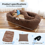 Human Dog Bed, Large Dog Beds for Humans Size Fits You and Pets, Washable Faux Fur Orthopedic Human Pet Bed for People Doze Off, Napping, Present Pillow, Blanket, Strap - Khaki