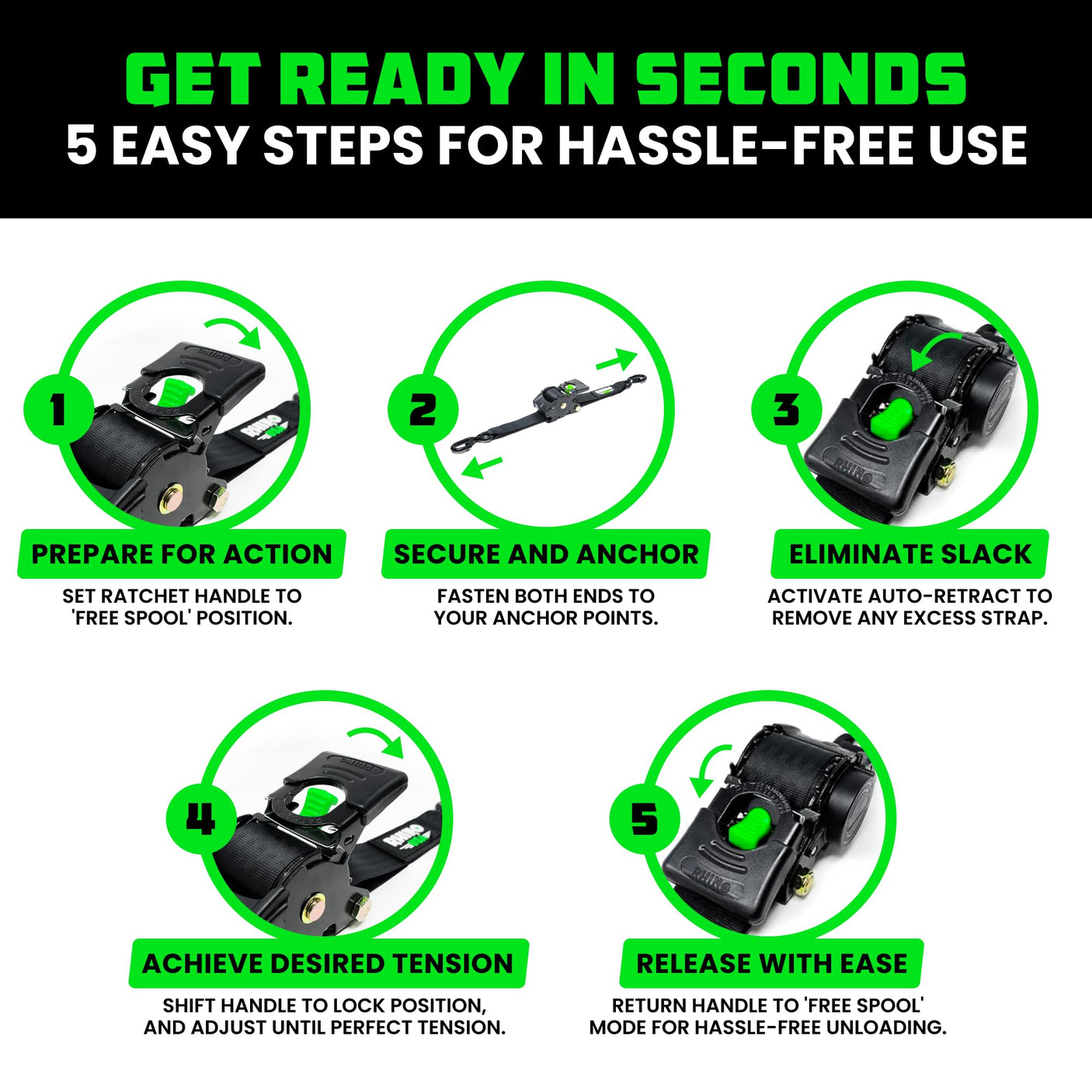 Rhino USA Retractable Ratchet Straps (4-Pack) - 1 Inch x 10 Feet (1,209lb Break Strength) - Heavy Duty Auto Self Retracting Tie Down Straps for Truck, Cargo Trailer, Motorcycle, Rad & More - Green