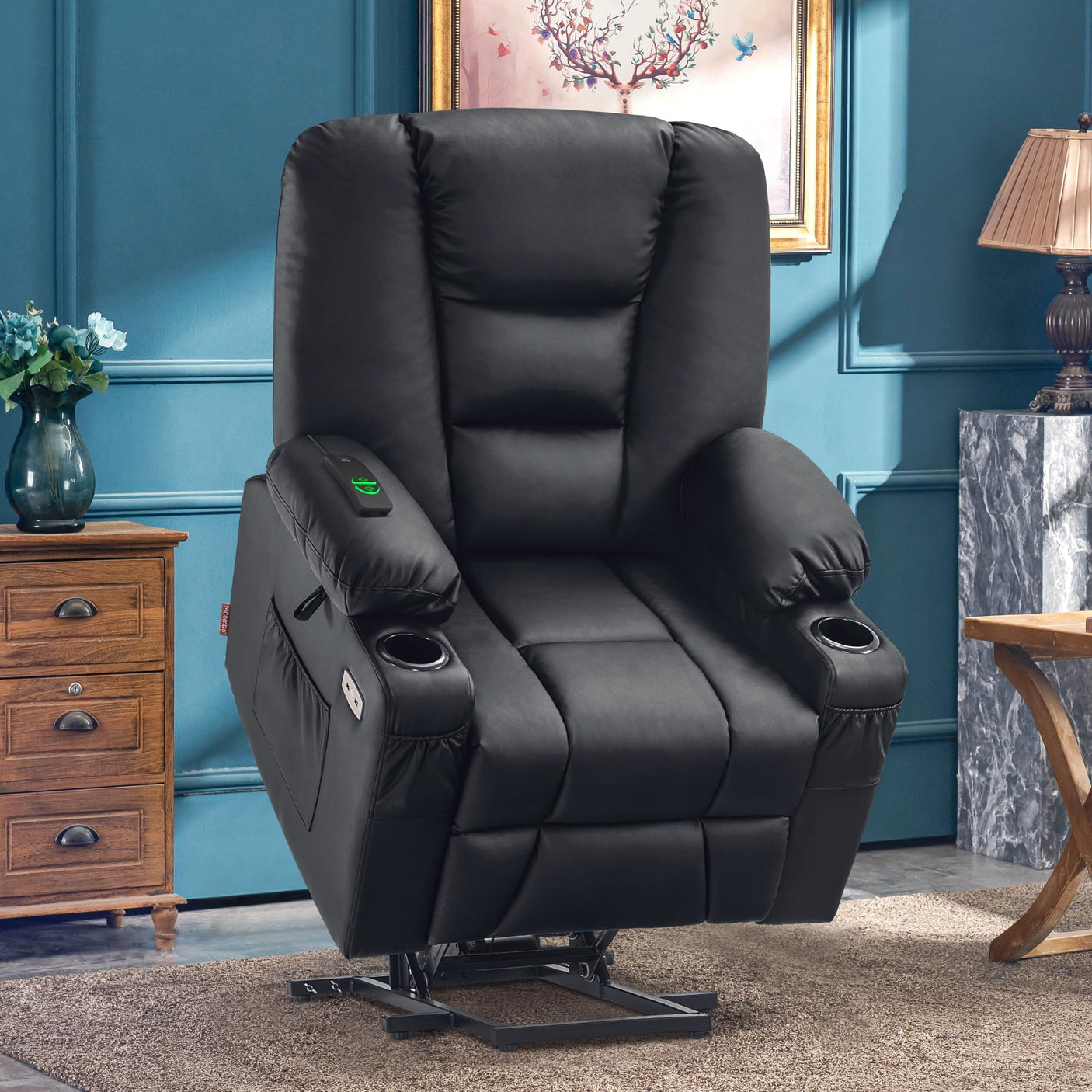 MCombo Power Lift Recliner Chair for Elderly, Lift Chair with Heat and Massage, USB Ports, Cup Holders, Faux Leather 7519 (Medium, Dark Brown)