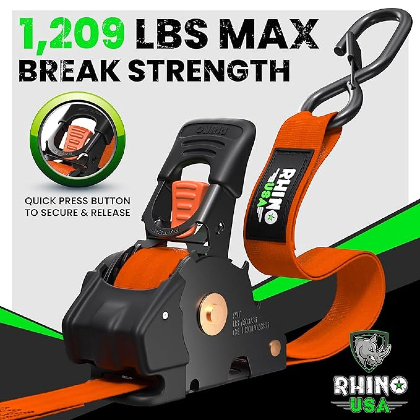 Rhino USA Retractable Ratchet Straps (4-Pack) - 1 Inch x 10 Feet (1,209lb Break Strength) - Heavy Duty Auto Self Retracting Tie Down Straps for Truck, Cargo Trailer, Motorcycle, Rad & More - Green