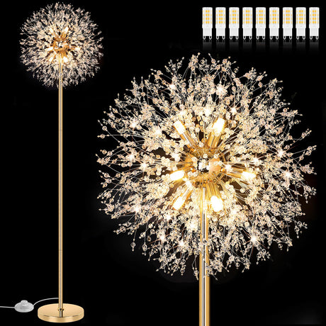 BesLowe 69'' Crystal Floor Lamp for Living Room, Modern Standing Lamp with 738PCS K9 Crystals, Tall Lamp Pole Light for Bedroom Office, Mid Century Gold Floor Lighting with 9 LED Bulbs, Antique Brass