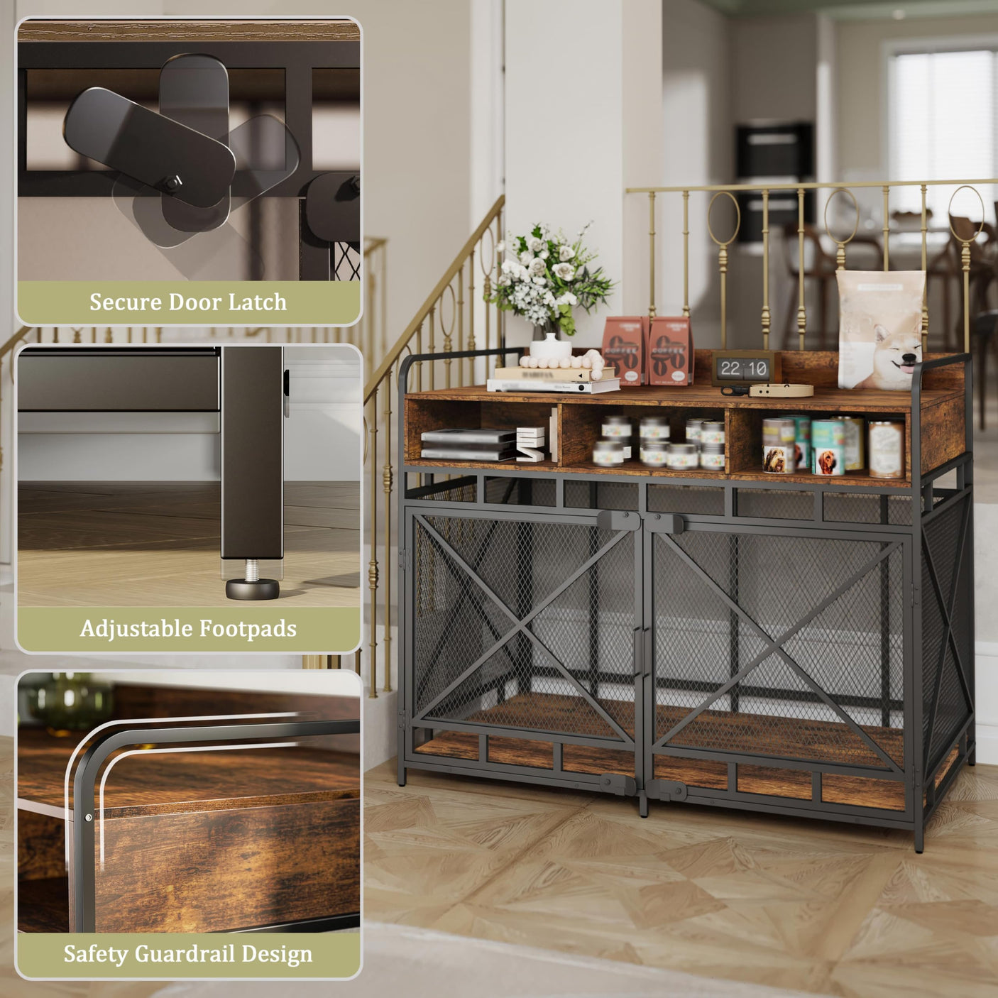 Dog Crate Furniture, 43 Inch Large Dog Kennel End Table with 3 Drawers, Heavy Duty Dog Crate for Large Dogs, Wooden Decorative XL Dog Cage Indoor 43.3" L x 27.6" W x 35.7" H (Rustic Brown)