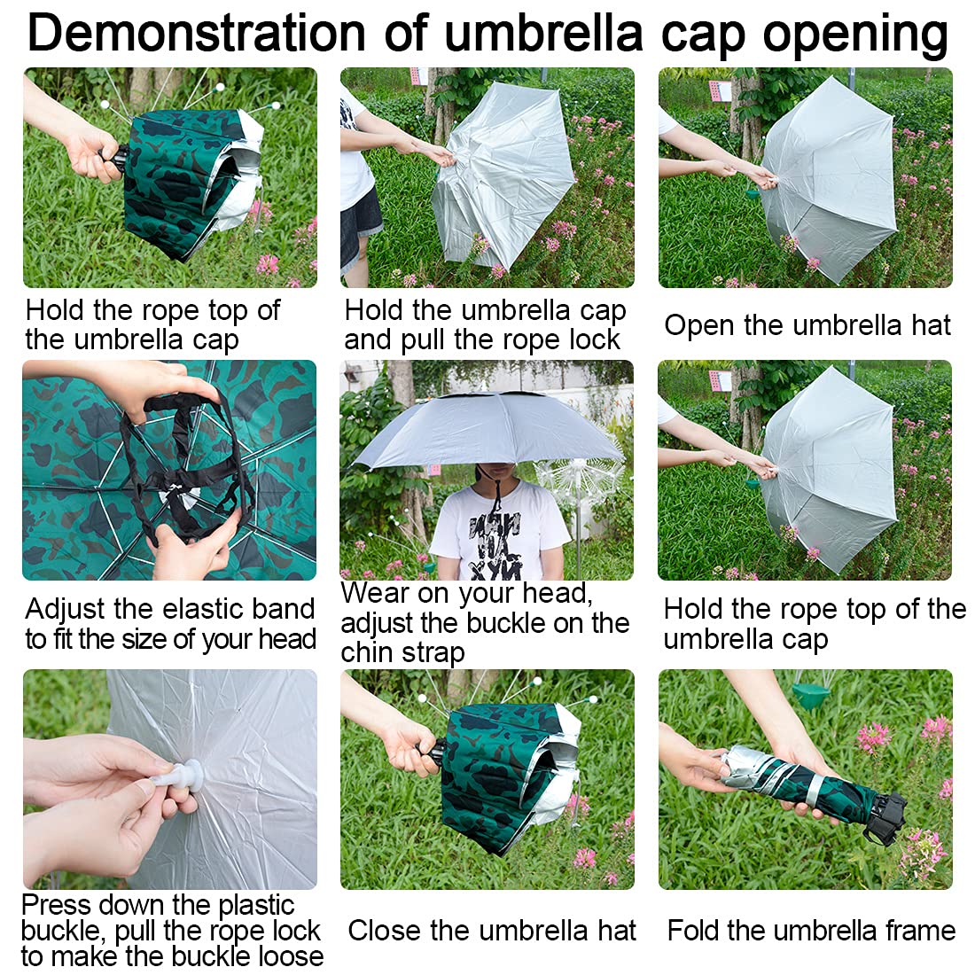 NEW-Vi Fishing Umbrella Hat Folding Adjustable Sun Rain Cap, 37.4”Oversize Hands Free Umbrellas, 7-Ribs Anti-UV Waterproof Headwear for Fishing Gardening Golf Sunshade Outdoor