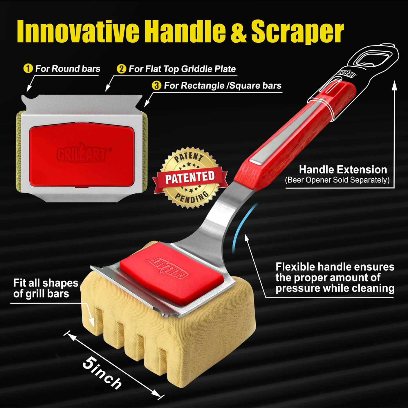 GRILLART Grill Brush Bristle Free. SteamWizards BBQ Replaceable Cleaning Head, Unique Seamless-Fit Scraper Tool for Cast Iron/Stainless-Steel Grates, Safe Barbecue Grill Cleaner-Red