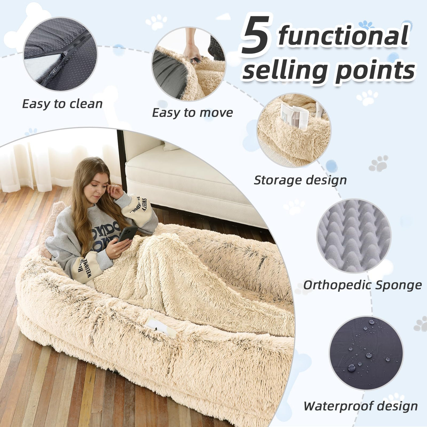 Human Dog Bed, Large Dog Beds for Humans Size Fits You and Pets, Washable Faux Fur Orthopedic Human Pet Bed for People Doze Off, Napping, Present Pillow, Blanket, Strap - Khaki