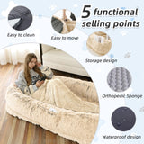 Human Dog Bed, Large Dog Beds for Humans Size Fits You and Pets, Washable Faux Fur Orthopedic Human Pet Bed for People Doze Off, Napping, Present Pillow, Blanket, Strap - Khaki