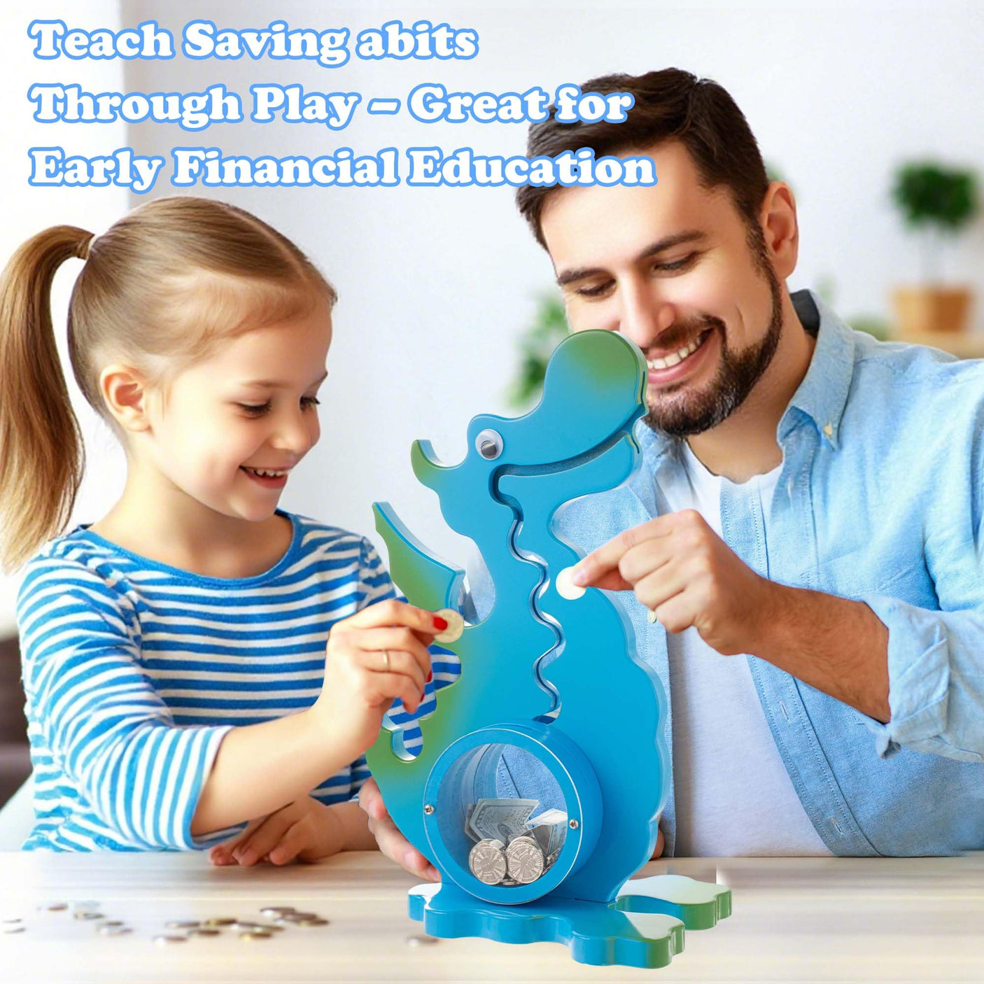 Wooden Dinosaur Piggy Bank Boalord for Boys Kids Girls Clear Big Belly Animal Coin Bank for Toddler Real Money Toy（Dino-Blue）