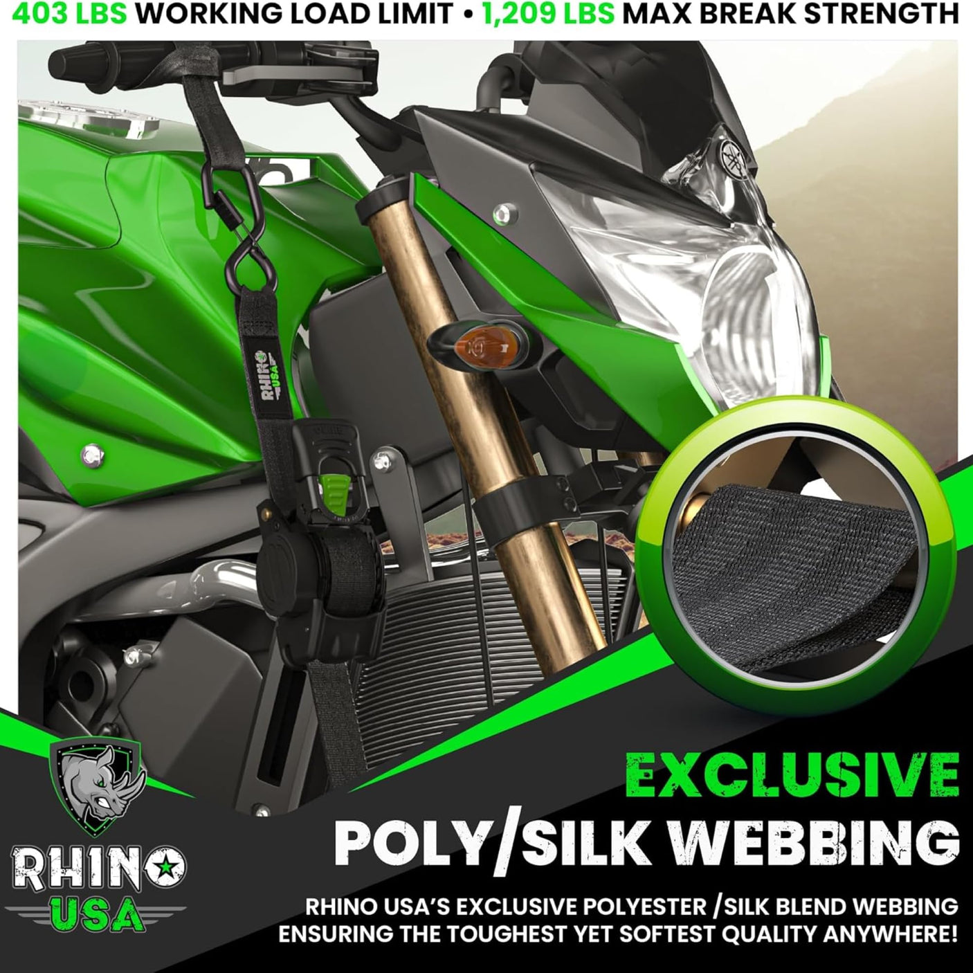 Rhino USA Retractable Ratchet Straps (4-Pack) - 1 Inch x 10 Feet (1,209lb Break Strength) - Heavy Duty Auto Self Retracting Tie Down Straps for Truck, Cargo Trailer, Motorcycle, Rad & More - Green