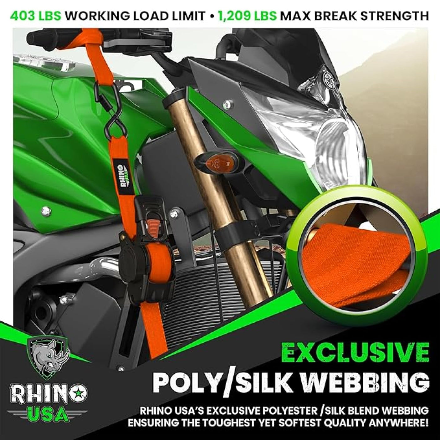 Rhino USA Retractable Ratchet Straps (4-Pack) - 1 Inch x 10 Feet (1,209lb Break Strength) - Heavy Duty Auto Self Retracting Tie Down Straps for Truck, Cargo Trailer, Motorcycle, Rad & More - Green