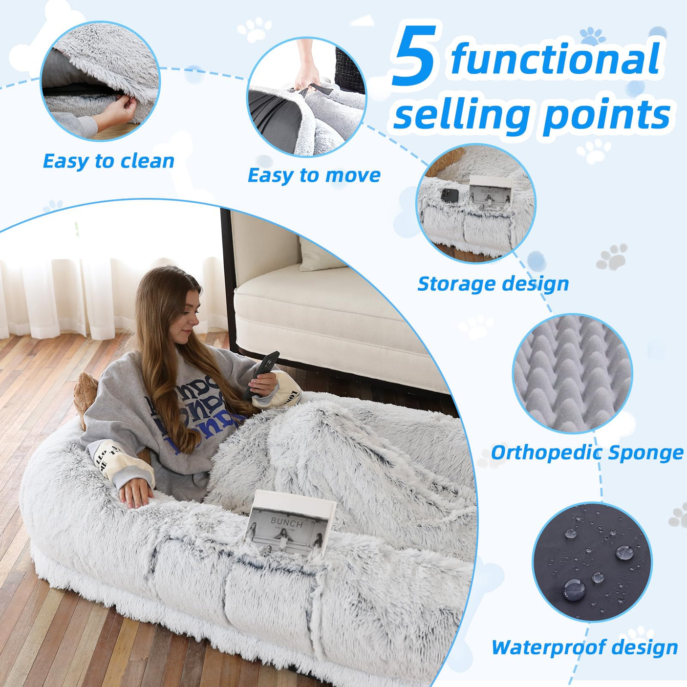 Human Dog Bed, Large Dog Beds for Humans Size Fits You and Pets, Washable Faux Fur Orthopedic Human Pet Bed for People Doze Off, Napping, Present Pillow, Blanket, Strap - Khaki